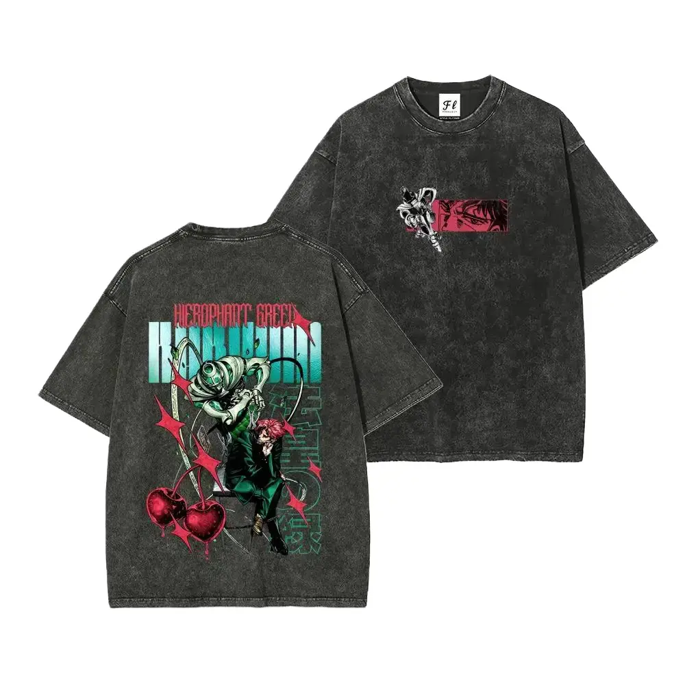 Menswear Oversized Green Kakyoin Graphic Crew Neck T-Shirt for Anime Lovers, Vintage Washed Relaxed Fit 230gsm Heavyweight Cotton Short-Sleeve Seamless Printed Top, Cold Wash Compatible (M/L/3XL), Classic