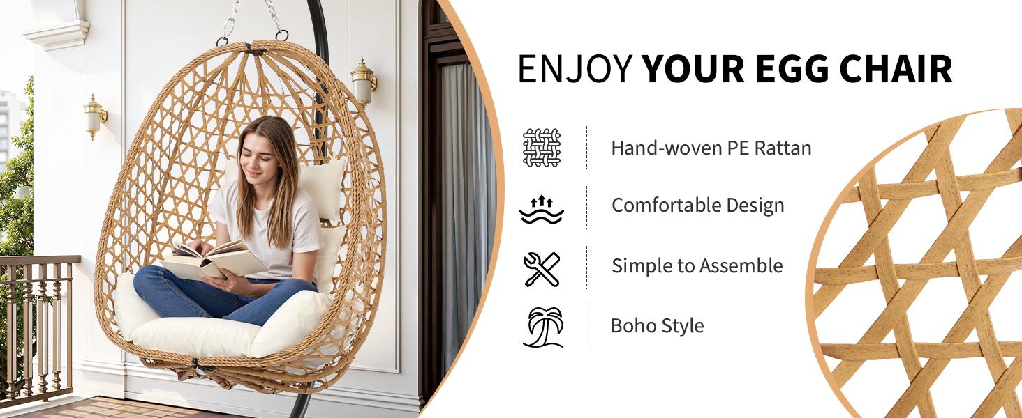 Boho Style Patio Swings with Stand- 350lbs Weight Capacity, Single Hanging Egg Chair with Cushions, Hammock Swing Chair  for Bedroom, Balcony, Garden