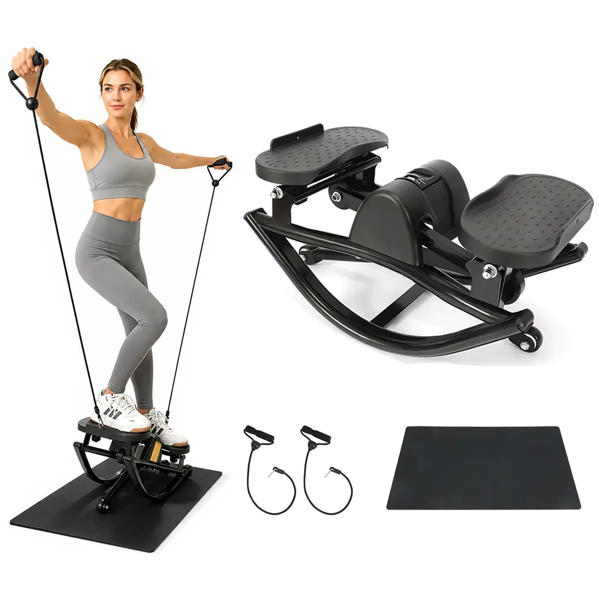 Lateral Rocking Stepper for Home Workouts - Quiet, Low-Impact Cardio Stepper with Resistance Bands, Compact Fitness Equipment for Small Spaces