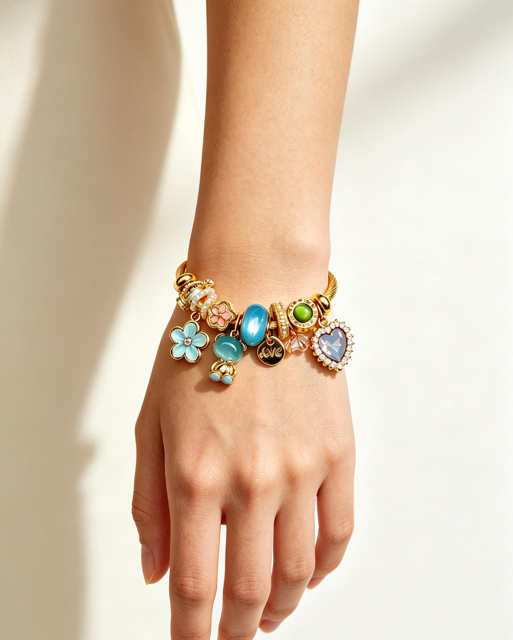 Adjustable Open Cuff Charm Bracelet for Women, 2 Styles Pink & Sky Blue Enamel Bead Bangle with Rhinestone Heart Charms, Gold Twisted Wire Flexible Bracelets Jewelry Gift for Daily Wear Adjustable Open Cuff Charm Bracelet for Women, 2 Styles Pink & Sky Blue Enamel Bead Bangle with Rhinestone Heart Charms, Gold Twisted Wire Flexible Bracelets Jewelry Gift for Daily Wear