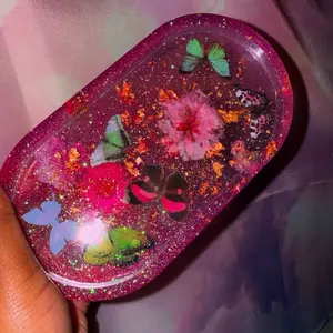 Custom Resin Tray with Embedded Butterflies and Flowers in Vibrant Pink Glitter Finish