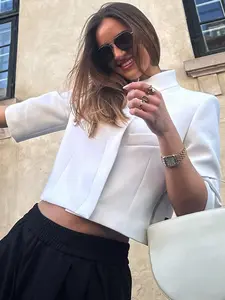 Women's Asymmetric White Fitted Crop Blazer Summer 2026 Elegant Button Short Sleeve Blazers For Woman All-Much o-Neck Suit Jacket Office Wear Woman Outerwears Formal Office Wear