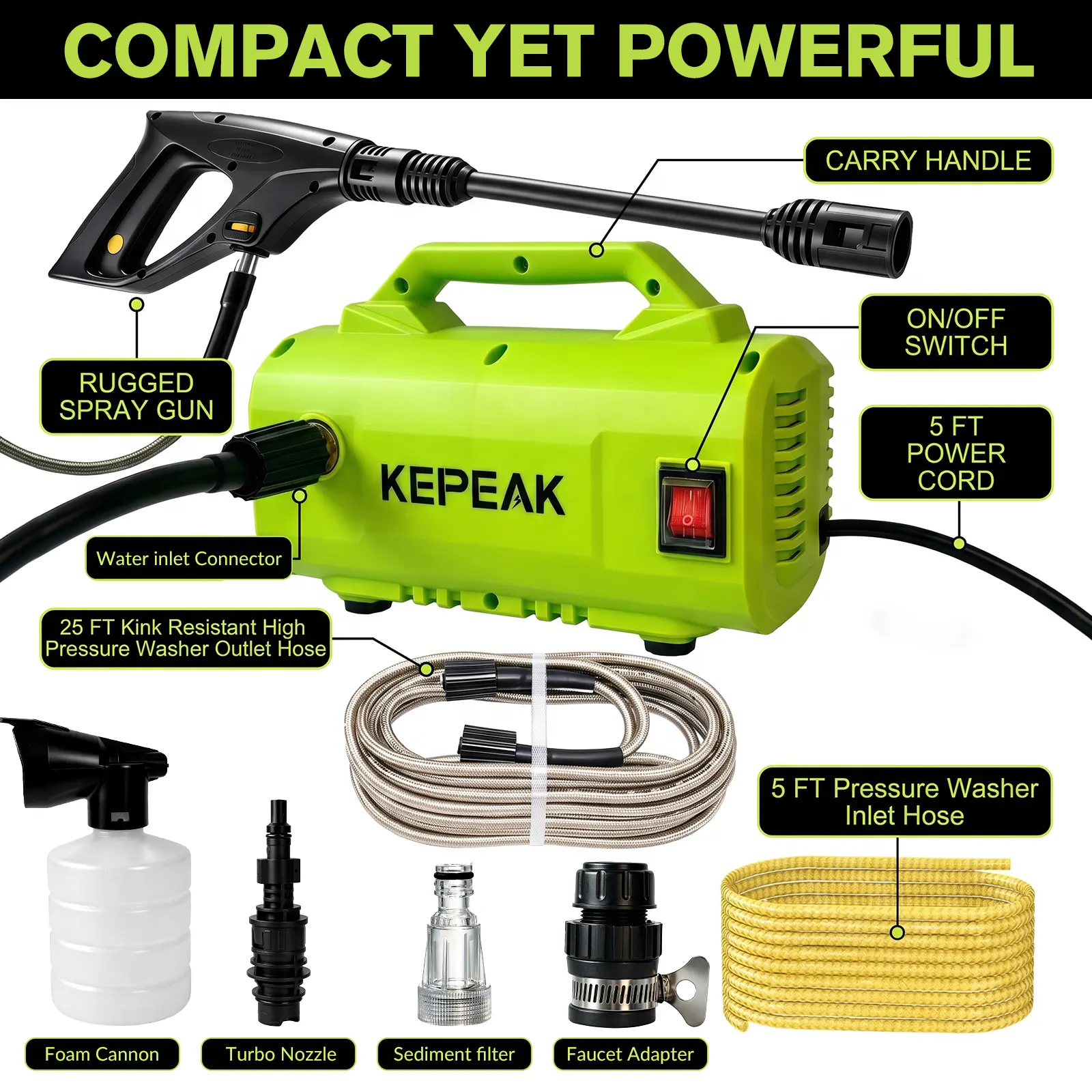 【ToolUpgrade】KEPEAK Portable Electric Pressure Washer, 1500PSI 2GPM Compact Power Washer with Foam Cannon, 20FT High Pressure Hose, Auto Stop Pump, for Car, Patio, Driveway, Garden Cleaning