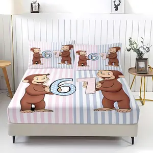 3Pcs Number 67 Fitted Sheet Set,a Whimsical Cartoon Monkey Print , Paired with Refreshing Pink and Blue Stripes.Soft and Comfortable Fabric Bedding Set,Ideal for Creating a Fun Learning Atmosphere. It Includes 2 Pillowcases (Pillow Inserts Not Included).