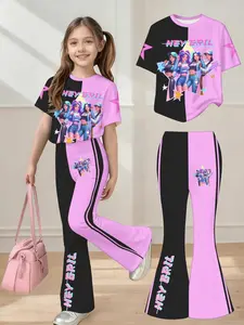K-Pop Block Set for Women, Summer Loose T-Shirt + High Waist Flare Pants Two-Piece Set, Cute Slim-Fitting Suit