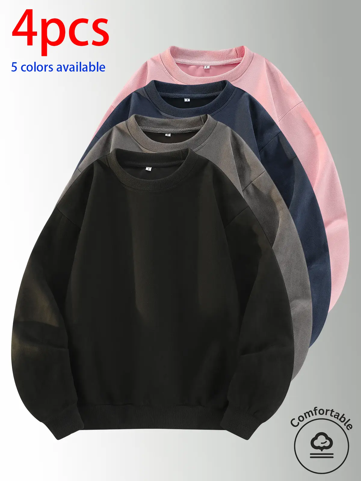 4-pack men’s crewneck sweatshirts, men’s long-sleeve sweatshirts, men’s pullover sweatshirts.Loose, comfortable fit; simple and versatile—suitable for home, everyday casual wear, outdoor sports, campus, and commuting to work. Suitable for both men and wom