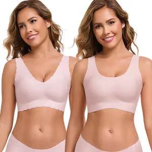 【2Pcs】Basic Seamless Bralette Deep V-Neck Wave Trimmed Bralette for Women Full Coverage Wire-Free Lightweight Stretchy Minimalist Nude Womenswear Breathable Fabric Smooth Strap Wireless Nude/Nude Soft Soft #Spring Statements