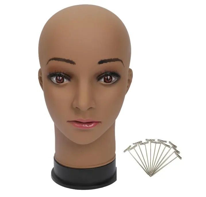 BEAUTY Bald Mannequin Head Brown Female Professional Cosmetology for Wig Making, Display wigs, eyeglasses, hairs with T pins 22''