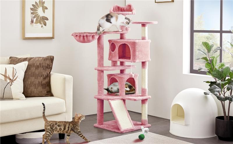 【On Sale】Yaheetech 54"/57''/63"/79"/82" Cat Tree Multilevel Cat Tower with 2 Condos & Dangling Ball & Round Platform & Ladder