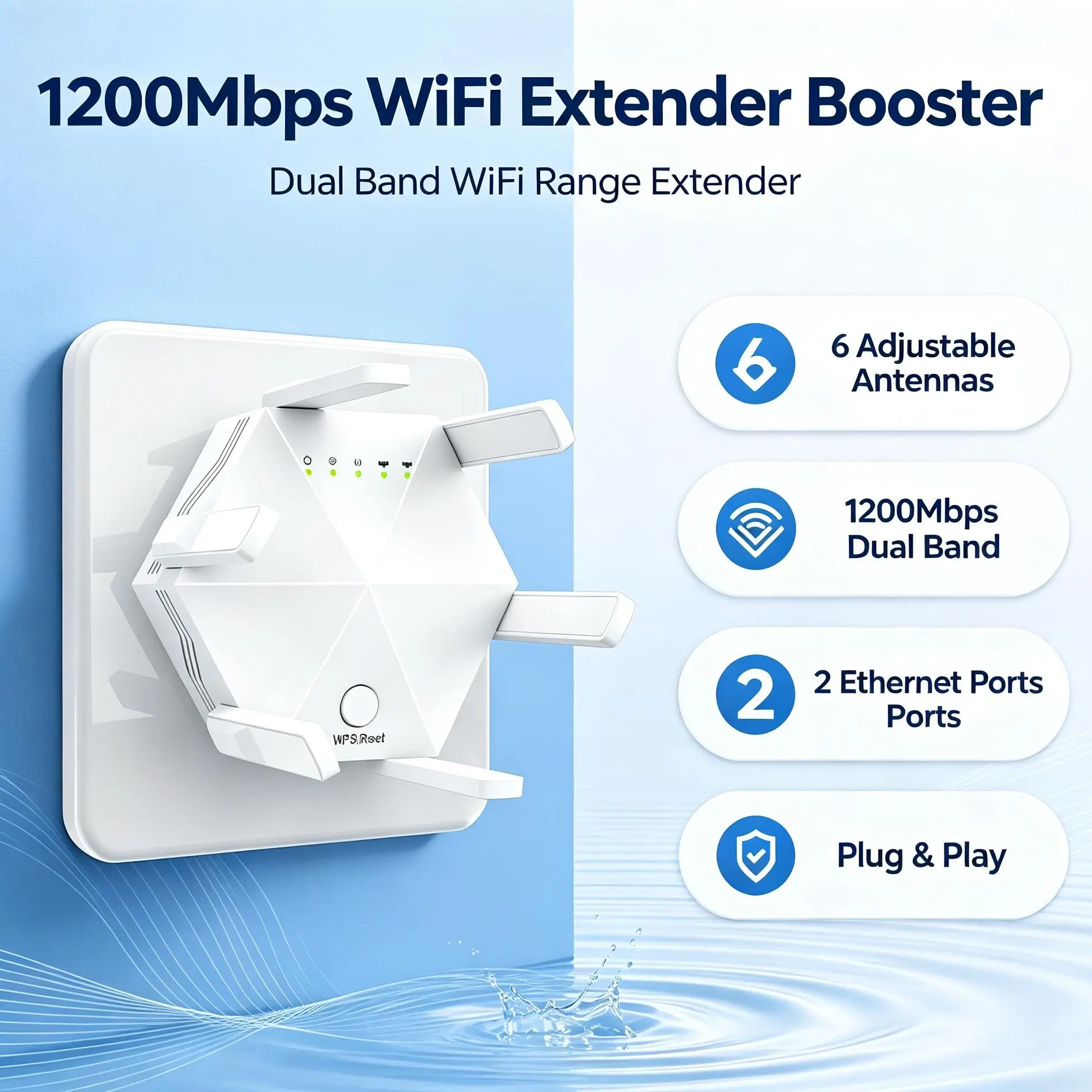 1200Mbps Dual Band WiFi Range Extender with 6 Adjustable Antennas, Plastic Body Signal Boosting Device with 2 Ethernet Ports, US Plug for Home/Office Use
