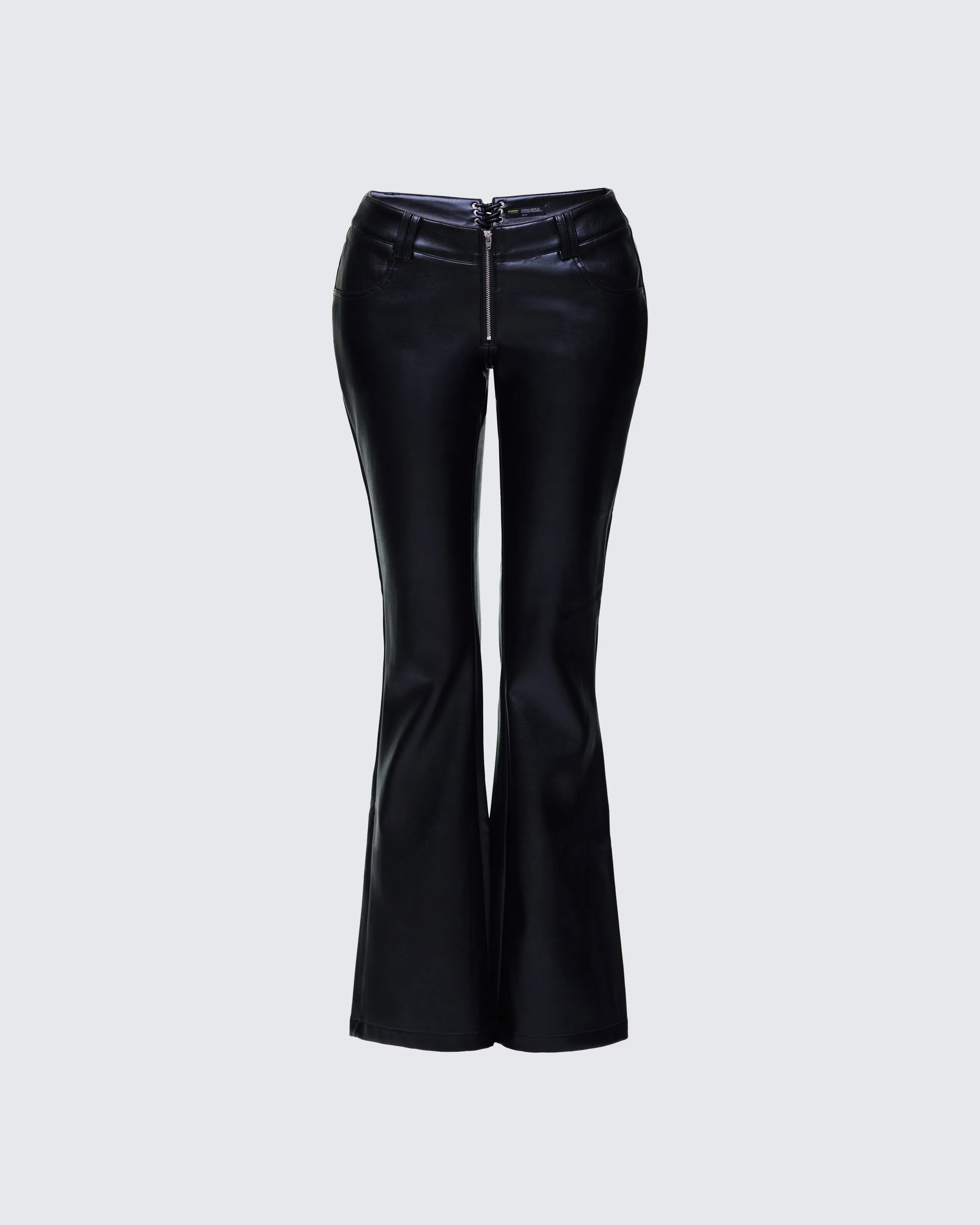 Women's Flared Pants in Retro Faux Leather, Low Rise Fitted Style with an Exposed Zipper, Full Length Alternative Style for Crop Top