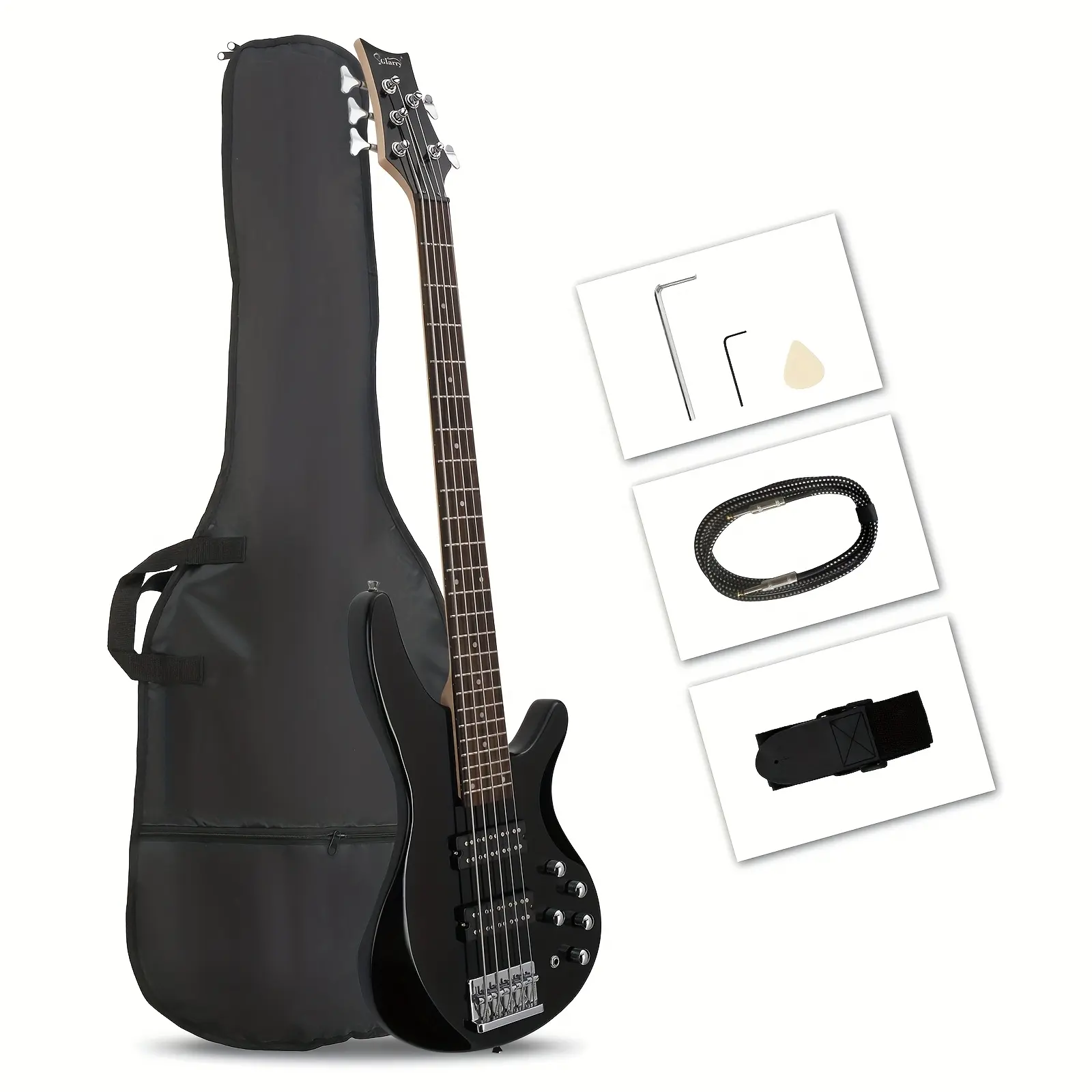 44-Inch 5-String H-H Pickup Stylish Electric Bass Guitar, 24 Frets, Laurel Wood Fingerboard, Adjustable Bridge, Rechargeable Battery, Black, with Gig Bag & Accessories, for Both Beginners and Experienced Players