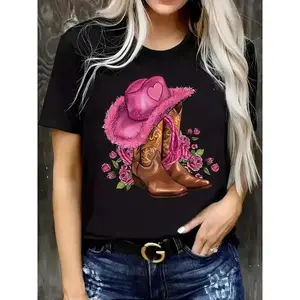 Women’s Cute Western Cowgirl Graphic T-Shirt, Pink Fringe Cowboy Hat with Heart Accent & Brown Embroidered Cowboy Boots with Pink Roses Floral Print Tee, Country Music Rodeo Casual Black Short Sleeve for Country Girls & Rodeo Enthusiasts