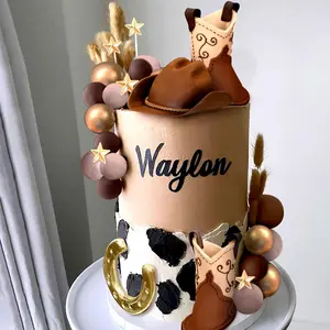 LaVenty cake shed cake topper gender reveal  Luxury Cowboy Rodeo Cake Topper - Western Decorations With Cowboy Hat, Palm Leaves, and Cow Balls for Birthday