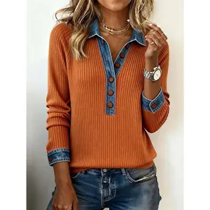 Cowboy Collar Long Sleeved Pullover |   Patchwork Top for Fall/Winter, High Neck, Solid Color