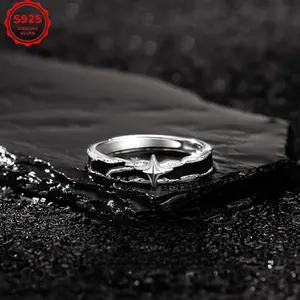 S925 925 Silver Meteor Shower Men'S Ring, Vintage Black Enamel Star Adjustable Band, Unique Celestial Design Statement Ring for Men, Hypoallergenic Fine Jewelry, Gift for Boyfriend, Husband, Anniversary