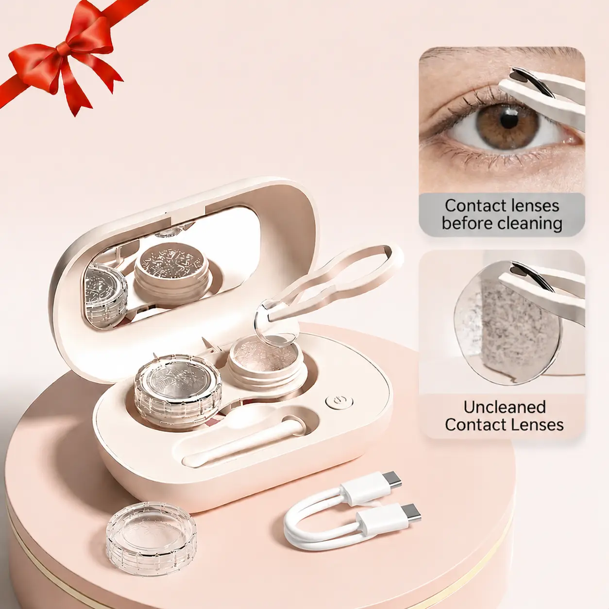Ultrasonic Contact Lens Cleaner Kit with High-Frequency Sonic Cleaning, Portable Travel Case with Mirror & Accessories, USB-C Charge for All Lens Types - Pink Gift Set