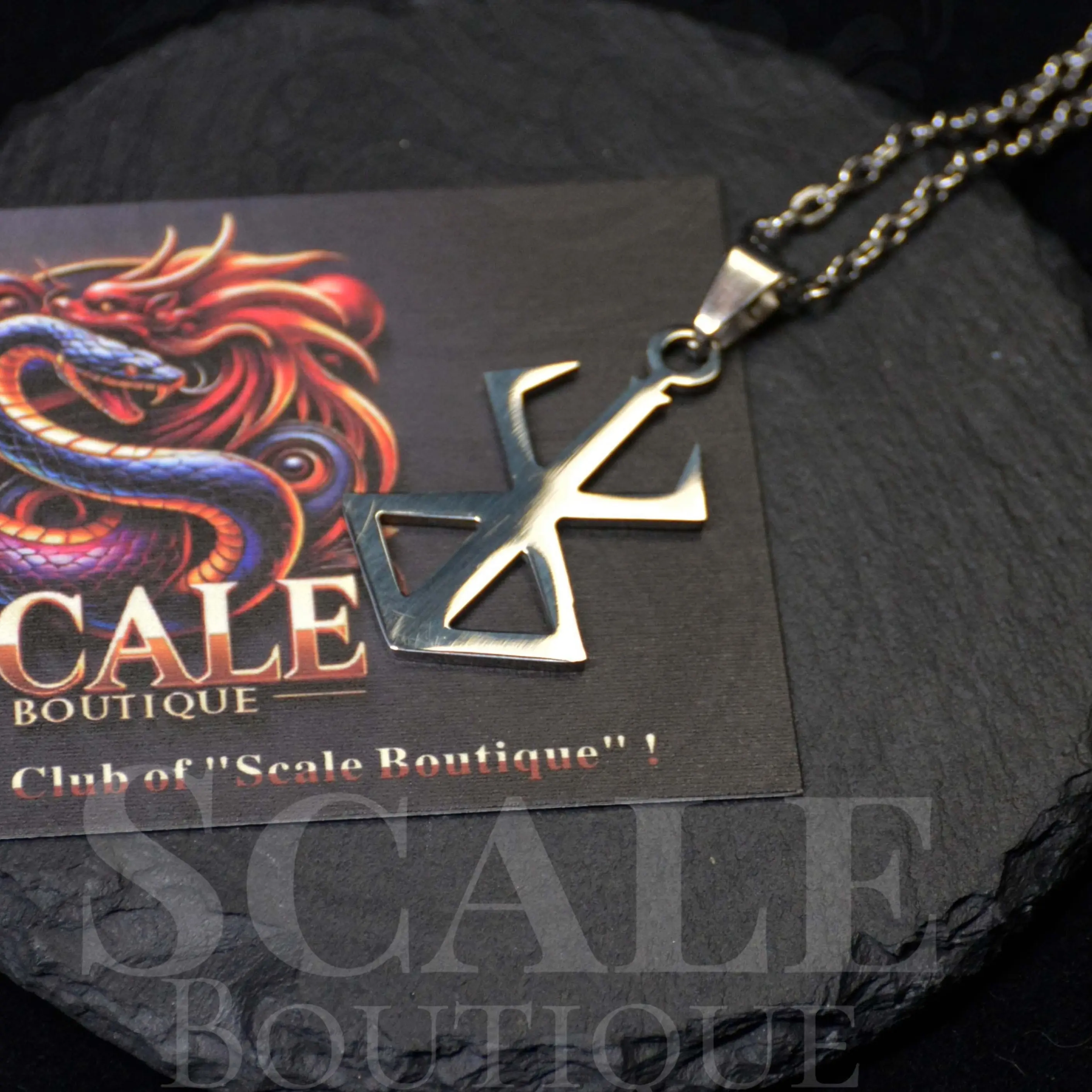 Berserk Symbol Costume Jewelry Necklace for Anime Lovers, Stainless Steel Pendant with a Polished Metal Coating, Dark Aesthetic Chain for Daily Wear, Nickel-Free, Scale Boutique, Casual, Short
