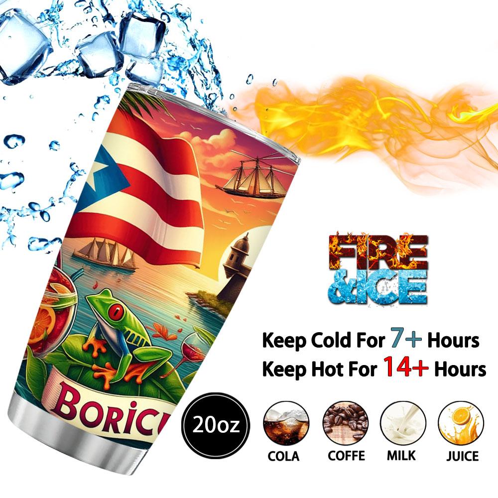 Puerto Rico Boricua Tumbler, Tropical Paradise with Flag, Coqui Frog, Rum Punch, El Morro, Hibiscus, 12/18/20oz Stainless Steel Insulated Cup, Keeps Cold/Hot for Hours, Ideal Gift for Puerto Rican Lovers