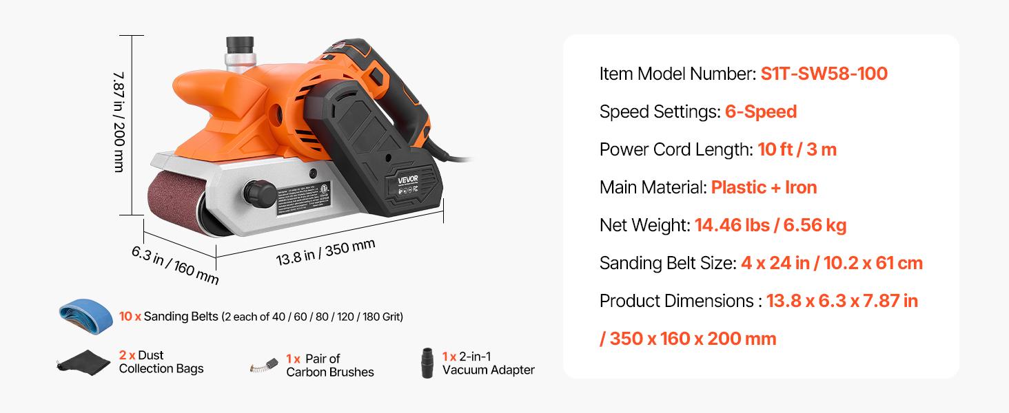 VEVOR 11.5A Belt Sander 4" x 24" Woodworking Belt Sander 6 Variable Speeds, 900-1550 FPM Sanding Machine with 10PCS Sanding Belts, 2 Dust Bags & 2-in-1 Vacuum Adapter for Woodworking Projects