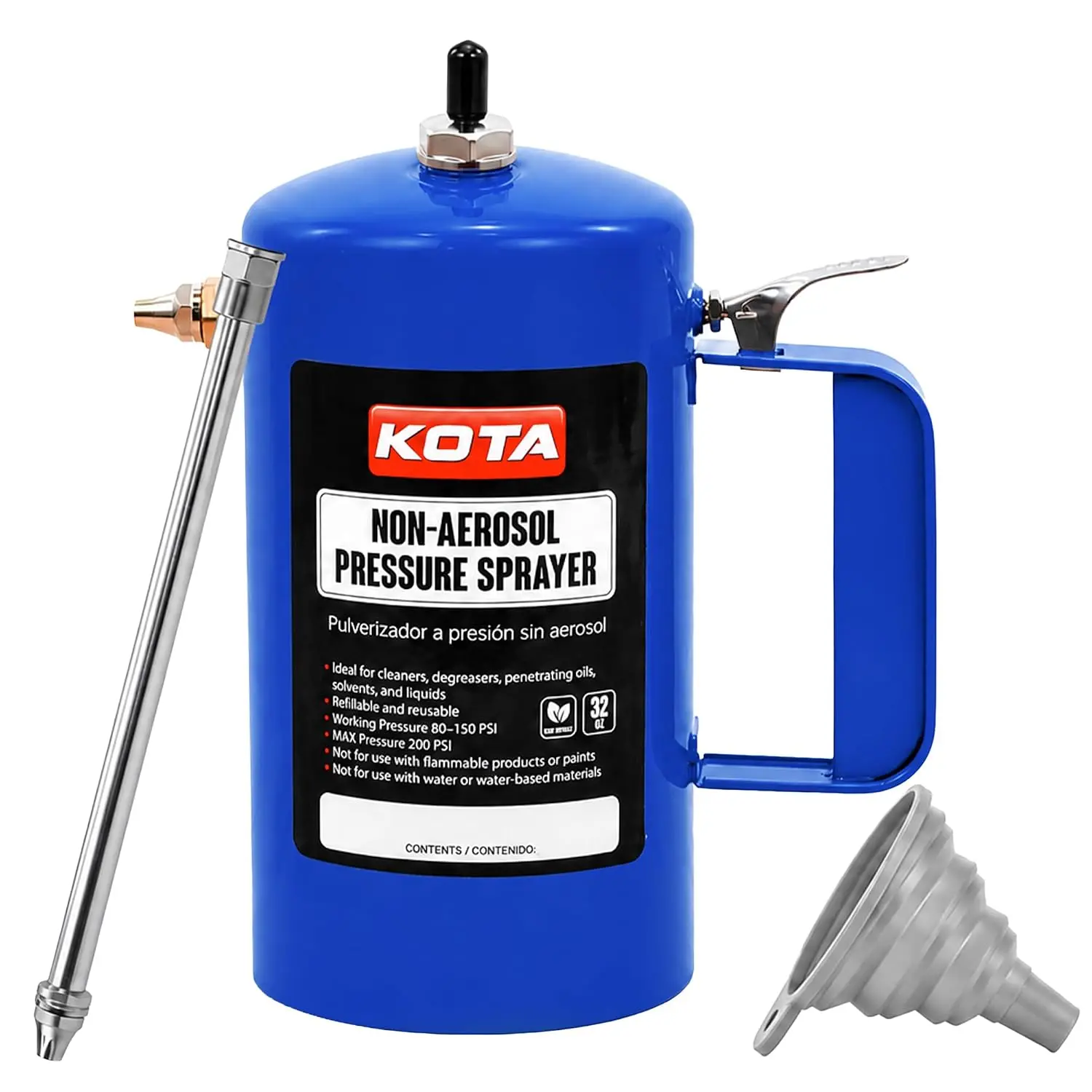 LAUCO Eco-Friendly Non-Aerosol Pressure Sprayer - 32 oz Refillable, Steel Body Canister, Brass Nozzles, Oils & Degreaser Friendly Cleaning Tool, Cost-Effective Propellant-Free, Durable Precise for Workshop, Garage (1, Blue) 69533, Heavy Duty