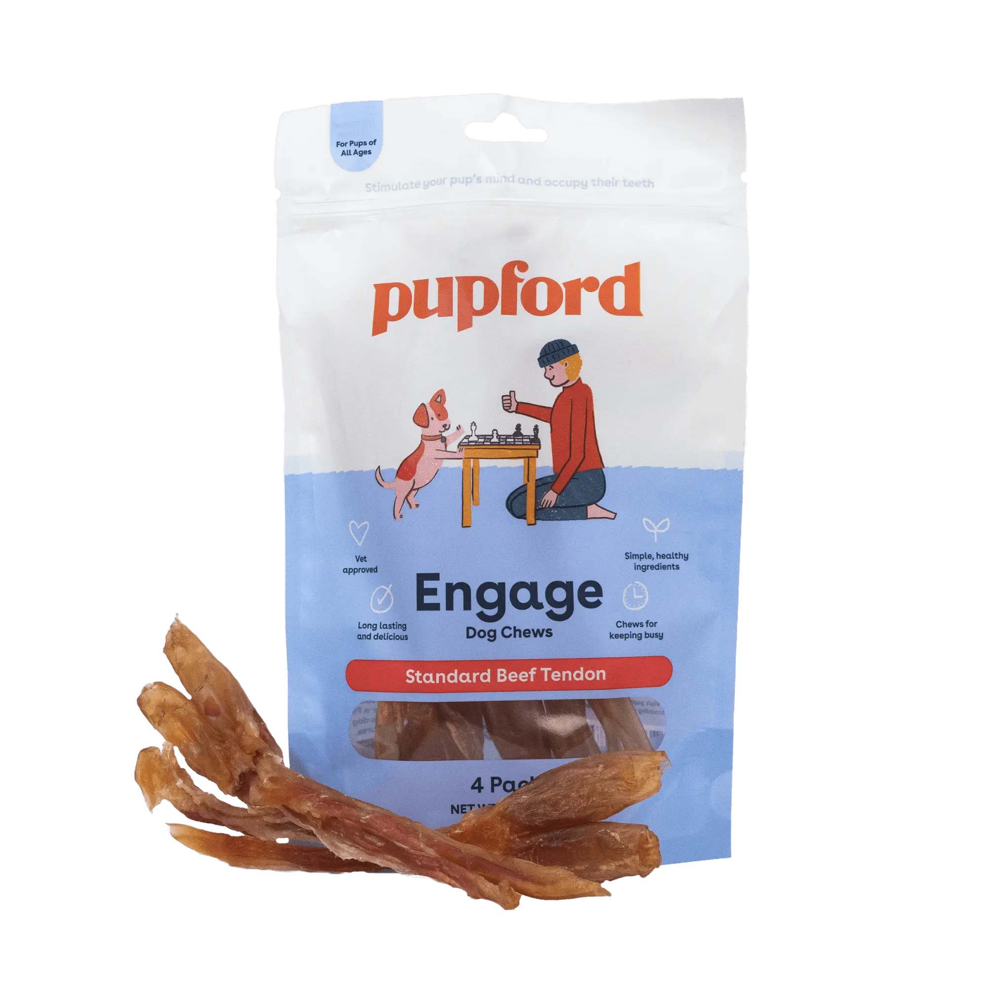 Pupford Engage Standard Beef Tendon Dog Chew Treats - Jerky Flavor, Long Lasting & Delicious, 4 Pack
