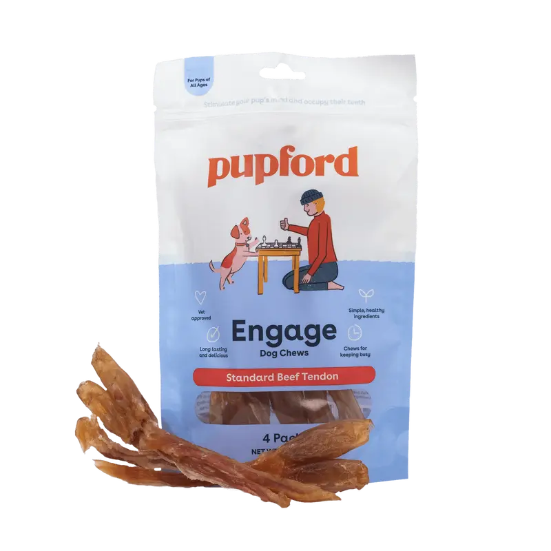Pupford Engage Standard Beef Tendon Dog Chew Treats - Jerky Flavor, Long Lasting & Delicious, 4 Pack