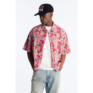 Rhinestone Rain Short Sleeve Plaid Flannel - Red