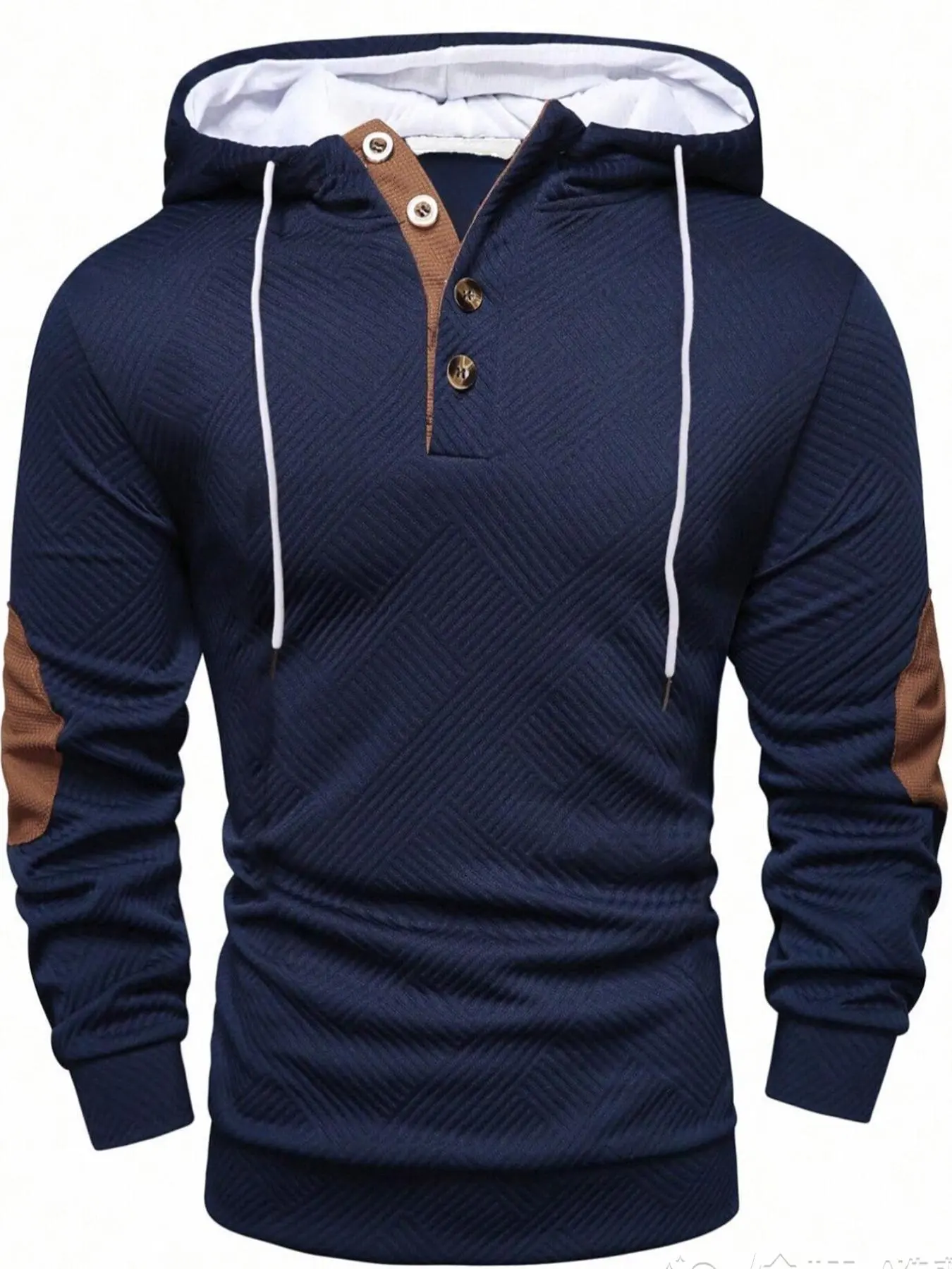 Men's casual sports pullover hoodie with drawstrings, patch design on the sleeve shaft with button collar, comfortable fabric, regular version, casual athletic style, Casual Sports Tops, suitable for mens daily wear in autumn and winter.