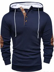 Men's casual sports pullover hoodie with drawstrings, patch design on the sleeve shaft with button collar, comfortable fabric, regular version, suitable for mens daily wear in autumn and winter, Athletic Hoodies
