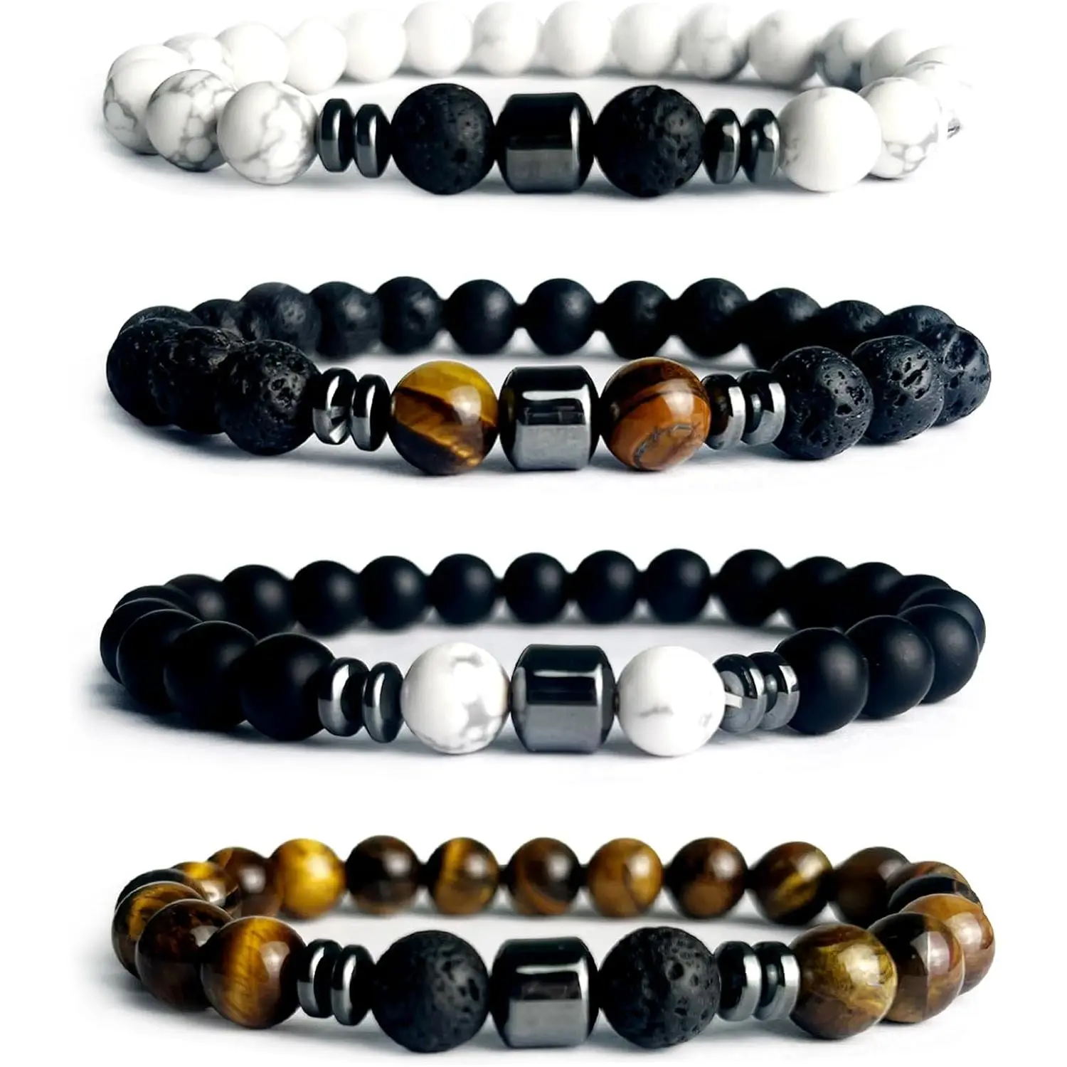Unisex Bracelet Set with 8mm Natural Tiger Eye & Matte Agate Gemstones, 3 or 5-Piece Adjustable Stretch Lava Rock Jewelry for Calming Energy