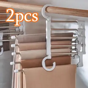 2pcs Home Closet Invisible Storage Hanger Stainless Steel Multi-layer Foldable Multi-functional Stretch Magic Pants Hanger