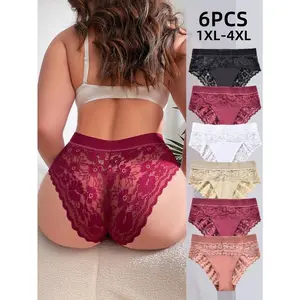 6PCS Plus Size Women's Sexy Lace Plus Size Women's Underwear, Close Fitting, Breathable, Comfortable, High Elasticity Plus Size Women's Underwear Womenswear Knit Panties Solid Clothes Basic