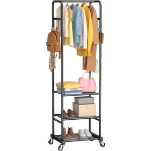 Clothes Rack with Wheels, Garment Rack with 3 Shelves for Clothes, Rod for Small Room, Bedroom, (Black)