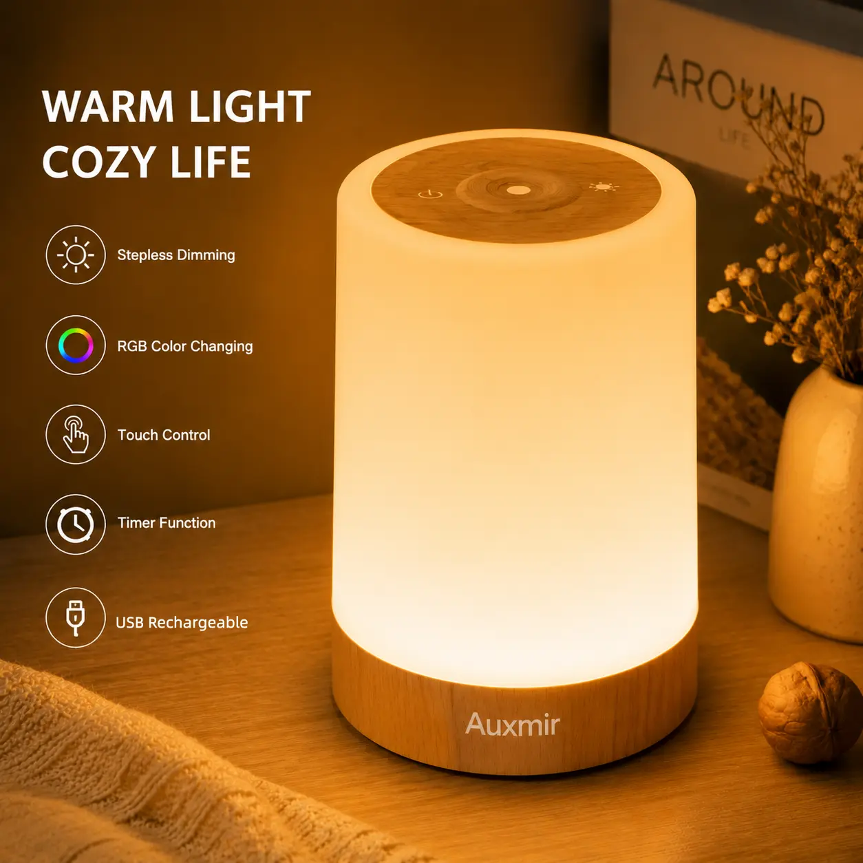 [Ships from the US]Auxmir Mood Night Light, Touch Control Dimmable Bedside Lamp, 11 RGB Colors & 5 Brightness Settings, Rechargeable Portable Lamp for Date Vibe, Home Decor & Party Decoration