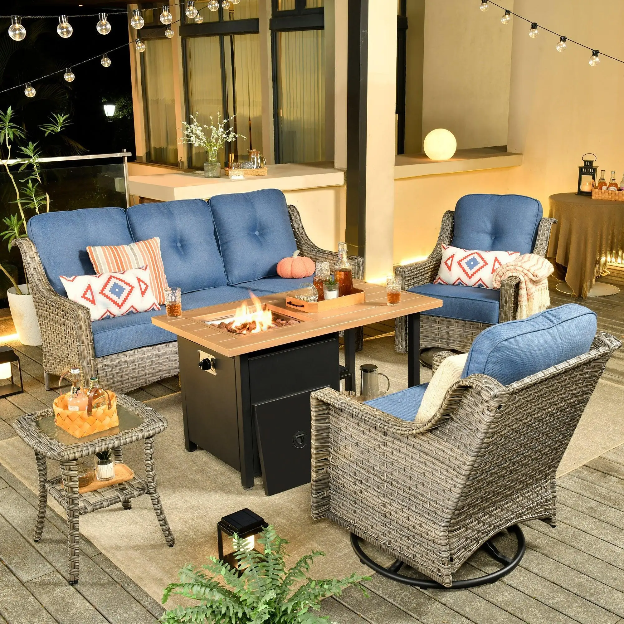 【Summerfinds】OVIOS 5-Piece Outdoor Patio Furniture Set with Rocking Chairs & 47" Fire Pit Table, Wicker Sofa with Cushions, All-Weather Conversation Set for Backyard Patio Deck Garden Outdoor Seating Furniture