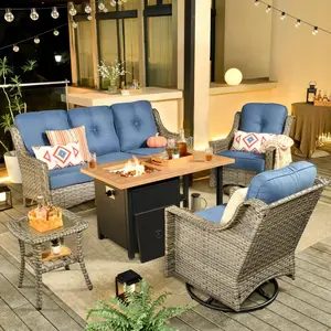 【Summer Vibes】OVIOS 5-Piece Outdoor Patio Furniture Set with Rocking Chairs & 47" Fire Pit Table, Wicker Sofa with Cushions, All-Weather Conversation Set for Backyard Patio Deck Garden Outdoor Seating Furniture