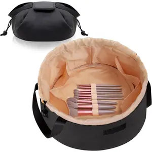 Large Drawstring Makeup Organizer,Lay Barrel Makeup Bag Leather  Bag Toiletry Bag for Travel,Portable  Make Up Bags for Women Brush Toiletries Accessories (Black Large)