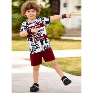 2pcs Boys Summer Casual Outfit Irregular Letter Print Patchwork Short Sleeve Round Neck T Shirt And Shorts Set Comfortable for Outdoor Activities