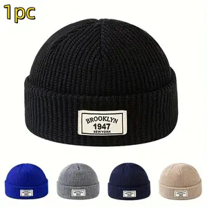 Men's Fashion Knit Beanie Hat, Warm Material Elastic Acrylic Winter Cap with Letter Patch, Perfect for Activities Leisure Christmas Gift Valentine's Day, Knitted Beanie Hat