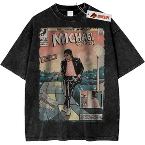 Michael Jackson Retro Singer Acid Washed T-shirt, Vintage Gym Shirts, Mineral Heavyweight Vintage Washed Cotton T-Shirt Sizes S-3XL For Pop Music Lovers