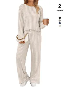 2026 Spring Summer Women's Ribbed Knit 2 Piece Outfit - Pajama Set Pjs Crew Neck Loose Long Sleeve Top & Drawstring Wide Leg Pants Set with Pockets, Soft Skin-Friendly Loungewear for Casual Daily & Lounge Wear