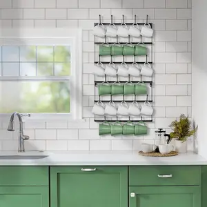 Mug Rack for Wall - Large Rustic Coffee Mug Holder Wall Mount with 27 Hooks, Coffee Cup Display Rack, 6-Tier Metal Mug Organizer for Home, Kitchen & Bar, Coffee Station, Dining Room