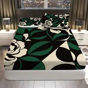 3Pcs Floral Abstract Geometric Fitted sheet Three Piece Set (1*Fitted Sheet+2*Pillowcases, Coreless), New Year theme, Modern Art Bedding Set, Mattress protector Soft, Breathable, Breathable Sheets