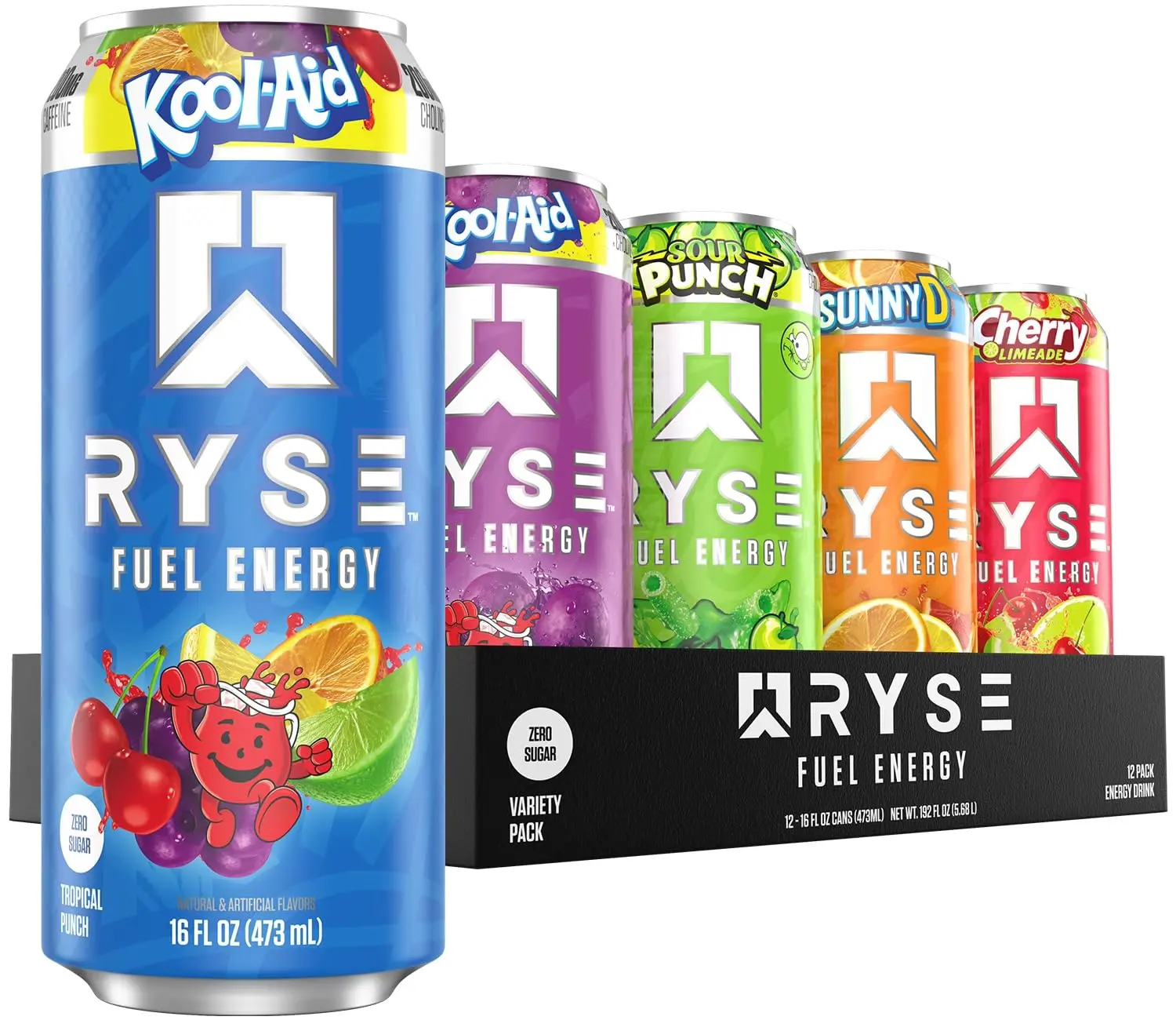 RYSE Fuel Energy Drink Variety Pack, 12-Pack 16 fl oz Cans, Sugar-Free, Vegan & Gluten-Free, 200mg Natural Caffeine, Taurine & Choline, No Artificial Colors