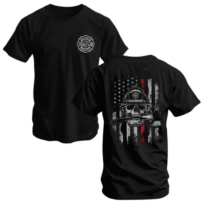 Firefighter Skull T-Shirt, Thin Red Line Flag and Axe Graphic, Soft  Tactical Shirt, Bold Fire Dept Apparel for Men, Gift for Brave Firemen & Rescue Workers,Casual,wome,shirts