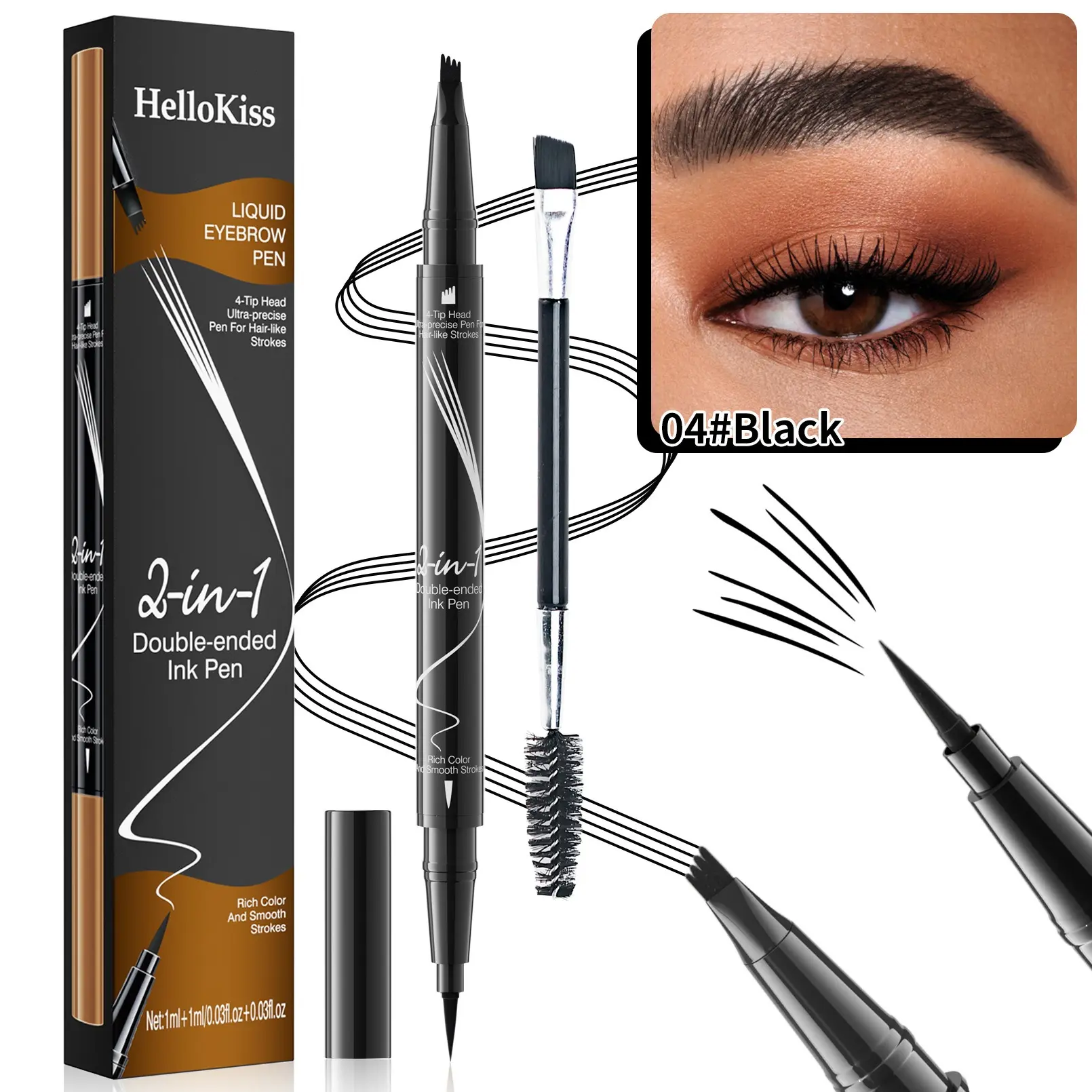 2-in-1 Eyebrow Pen 4-Fork Tip Liquid Eyebrow Pencil Waterproof Long-Lasting 24H Smudge-Proof Natural Hair-Like Strokes Easy to Use for Beginners Light Brown/Dark Brown/Grey/Black, Makeup