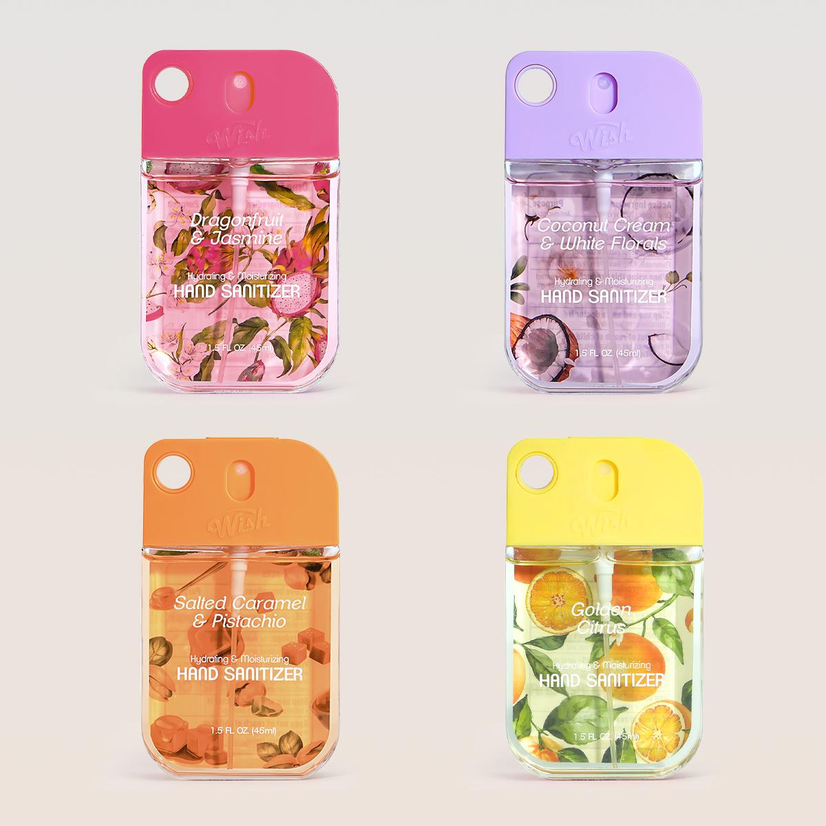 Wish Hand Sanitizer Spray Set (4 Bottles: 1.2 fl oz/1.5 fl oz) - Coconut Cream & White Florals, Golden Citrus, Dragonfruit & Jasmine, Salted Caramel & Pistachio