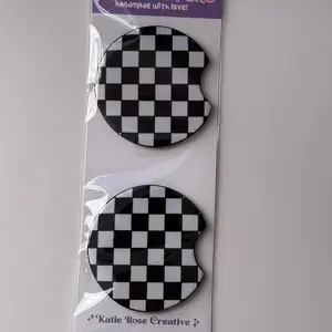 Car Coasters | Set Of 2 Car black checkered Coaster | New Car Gift | Cute Car Accessory | Checker Car Coasters cupholder