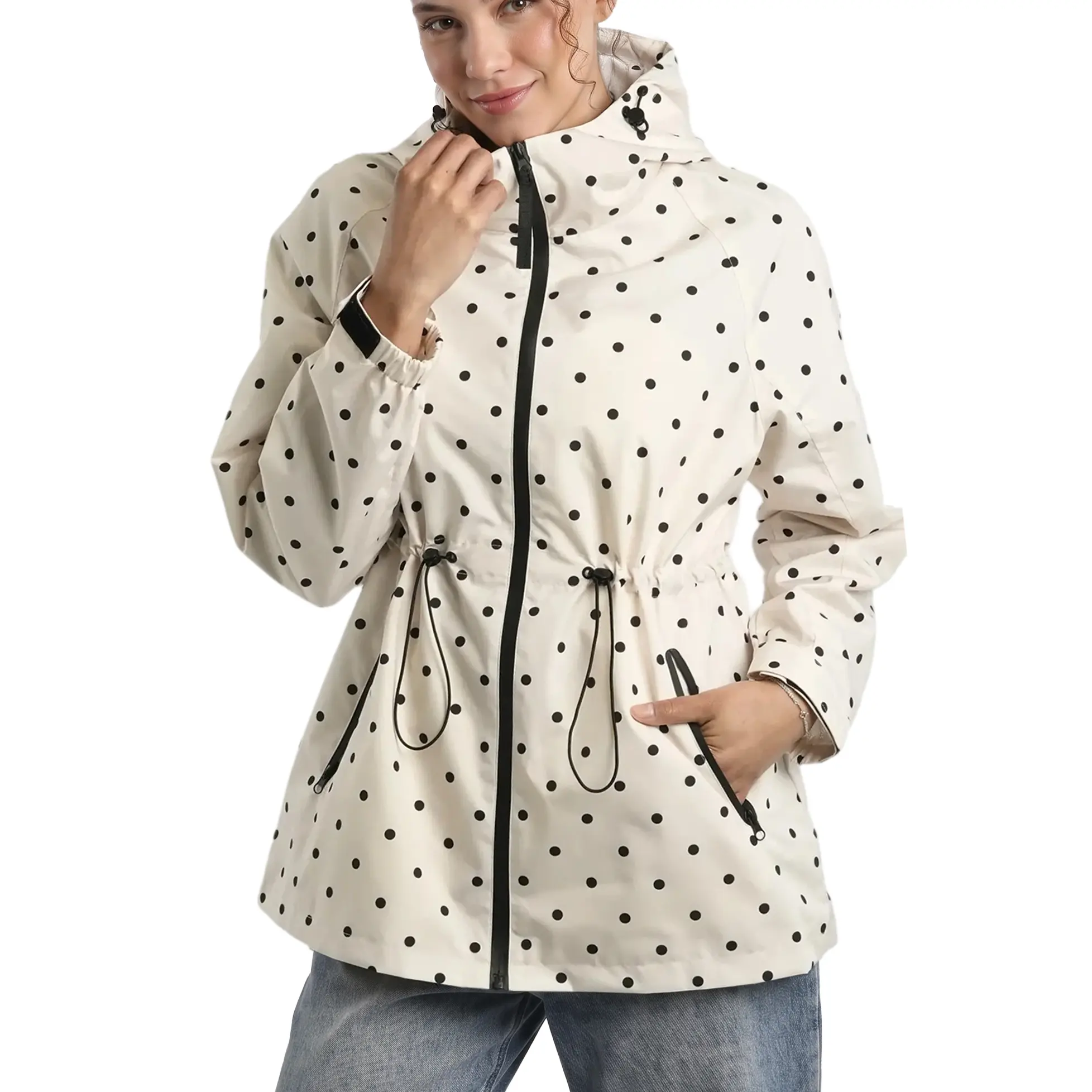 Hixiaohe Womens Polka Dot Raincoat Hooded Zip High Collar Lightweight Waterproof Jacket with Zipper Pockets